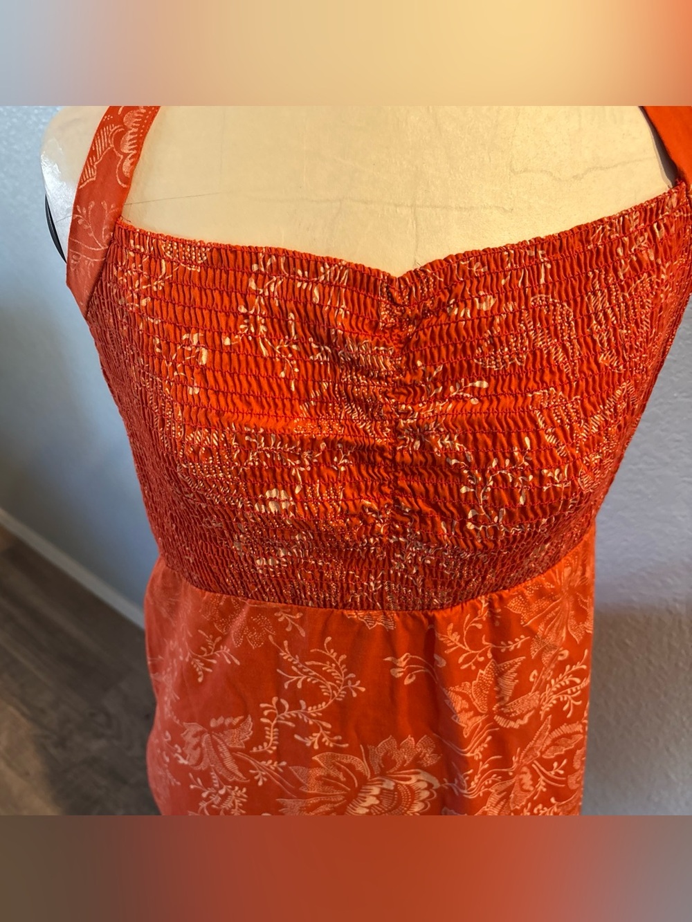 Smocked Floral Midi Dress in Orange